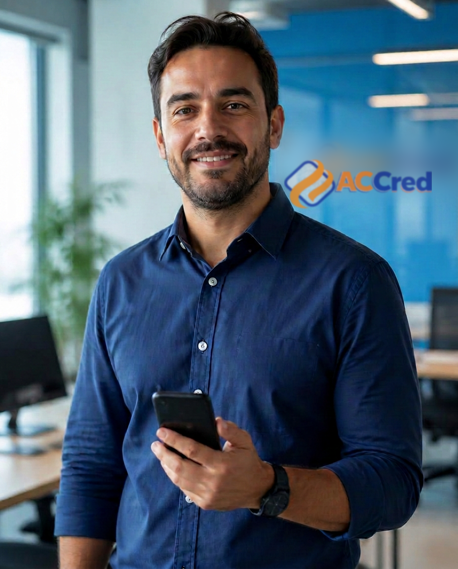 Trabalhador brasileiro com carteira assinada consultando crédito pelo celular